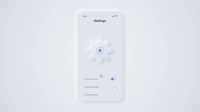Neumorphic UI Settings Screen Animation with Gear Icon and Toggle Switches