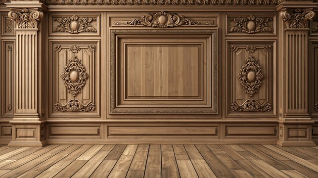 Elegant classic wooden wall paneling featuring intricate hand carved floral details and majestic architectural columns in a warm brown room