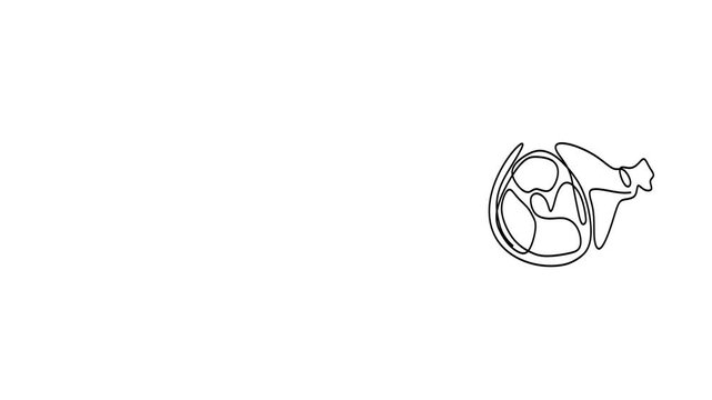 Animated self drawing of continuous line draw. Butcher's Cuts Prime Rib, Sirloin, and Parma Ham.    Full length one line animation. 4K 