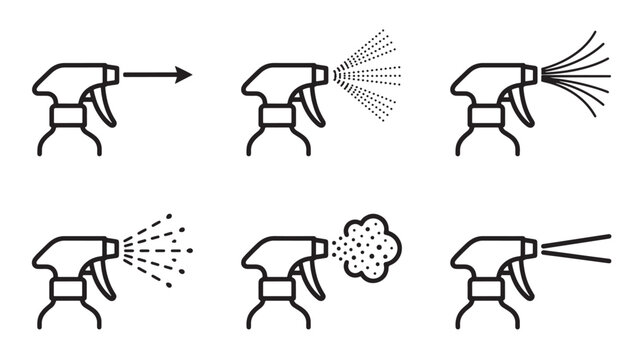 Spray Bottle Icon Set with Directional Spray Patterns and Dots for Cleaning and Hygiene Concept Design