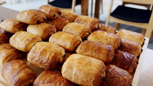 Golden mini chocolate pastries stacked on a breakfast buffet table, with flaky crusts, glossy tops and soft caf&eacute; seating in the background.