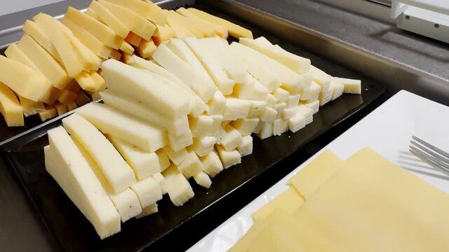Sliced cheese sticks and flat cheese slices served on buffet trays with forks, showing a simple hotel breakfast dairy selection.
