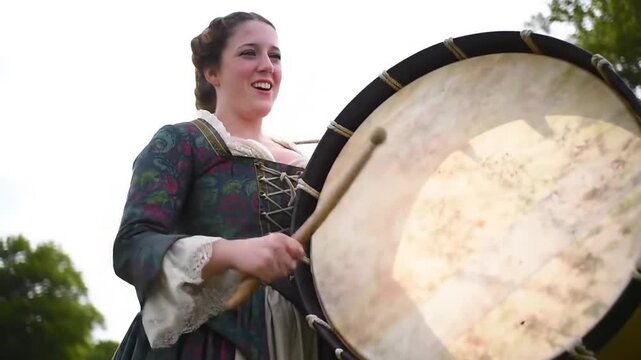Woman in historical colonial dress playing a traditional snare drum outdoors.