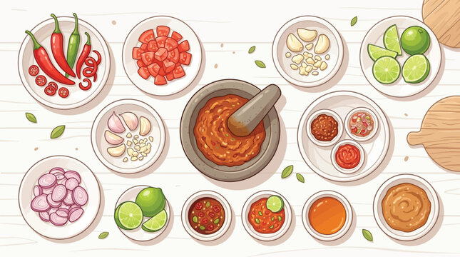 Top-down view of various fresh ingredients and a mortar and pestle with chili paste, ready for cooking on a white wooden table.