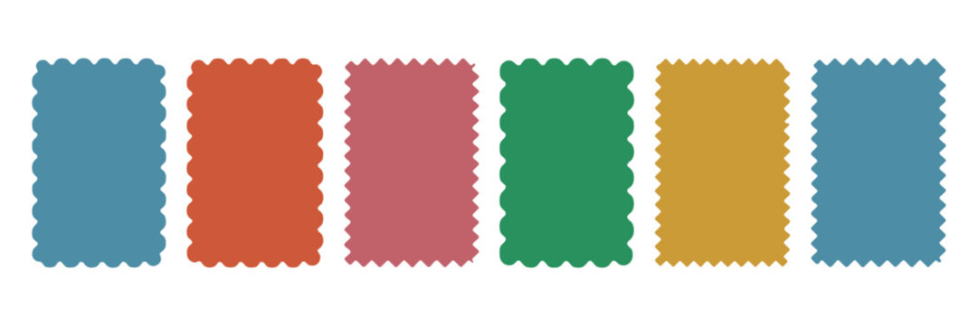 Six wavy edged rectangles in blue rust pink green gold and blue