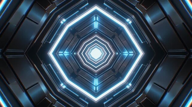 Octagonal tunnel combines metallic walls with glowing orange and blue tech light streaks. This endless octagonal layout creates deep perspective loops. Explore a sci-fi tunnel.