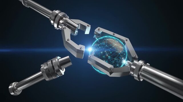 Robotic arms manipulate a glowing digital communication globe with complex network paths. Dual robotic systems coordinate precise technical data. Watch automated robotic units.