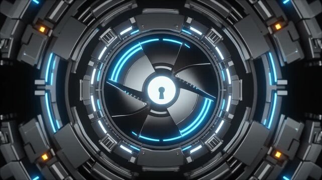 Circular mechanism reveals a central keyhole symbol inside a futuristic sci-fi terminal. This locking mechanism protects classified server logs. Rotate an engineering mechanism.