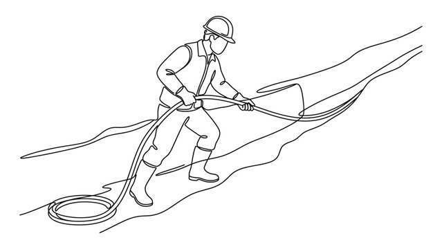 A construction worker installing electrical cable lines in a trench