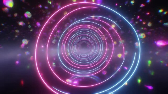 Neon circles create a glowing tunnel with floating bubbles. This vibrant circles concept brings motion graphics to life. Stream abstract circles for creative digital video art.