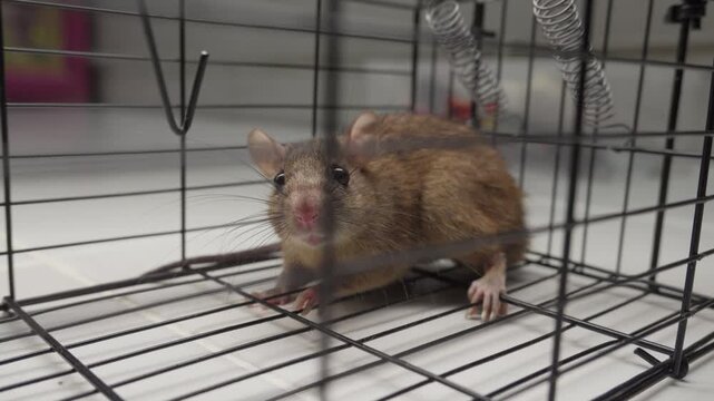 Live rat confined in a metal cage trap on a tiled indoor surface for pest control