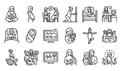 Obraz premium Childbirth and Maternity Care Line Icon Set with Breastfeeding Postpartum Support and Doula Services