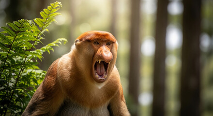 Naklejka premium A close-up of a proboscis monkey with its mouth open, showcasing its distinctive nose and teeth, representing wild nature and primate diversity