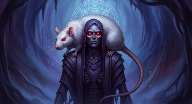 A gaunt figure in tattered robes with a white rat perched on its shoulder, glowing red eyes and a mystical symbol above, evoking dark fantasy and occult themes