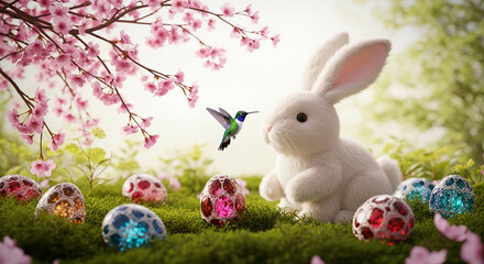 Naklejka premium Fluffy white bunny, colorful jeweled eggs, and a hummingbird under blooming cherry branches, symbolizing spring, Easter, and nature's renewal