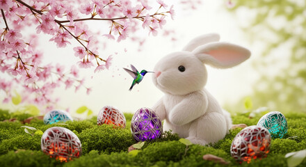 Obraz premium Fluffy white rabbit, decorated eggs, and a hummingbird amidst pink cherry blossoms and green moss, symbolizing spring, Easter, and new beginnings