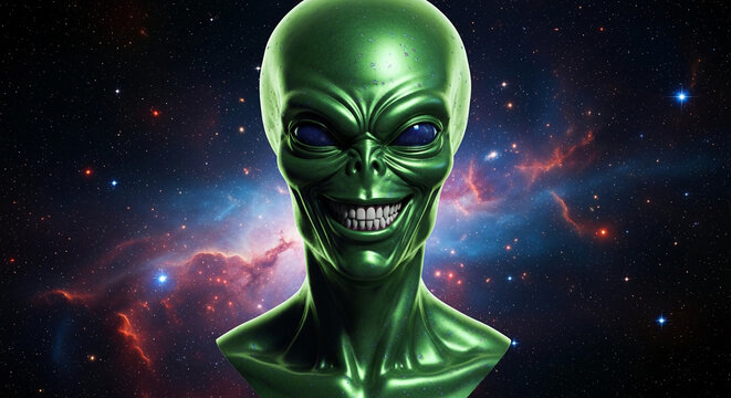 Close-up of a green alien face with blue eyes, smiling against a cosmic nebula and starfield, symbolizing extraterrestrial life and space exploration