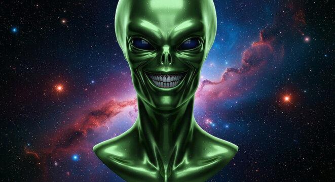 Metallic green alien face with large blue eyes and a wide smile against a vibrant nebula and starfield, symbolizing extraterrestrial life and cosmic wonder