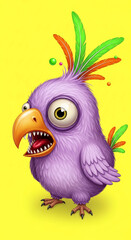 Fototapeta premium A quirky, purple, cartoon bird with a wide, toothy grin and big, bulging eyes. It has orange and green feathers on its head, representing a whimsical and playful character