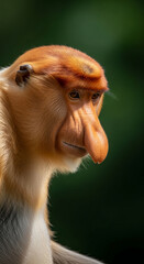 Naklejka premium Close-up portrait of a proboscis monkey's face, showcasing its distinctive large nose and fur texture, symbolizing nature and wildlife conservation.