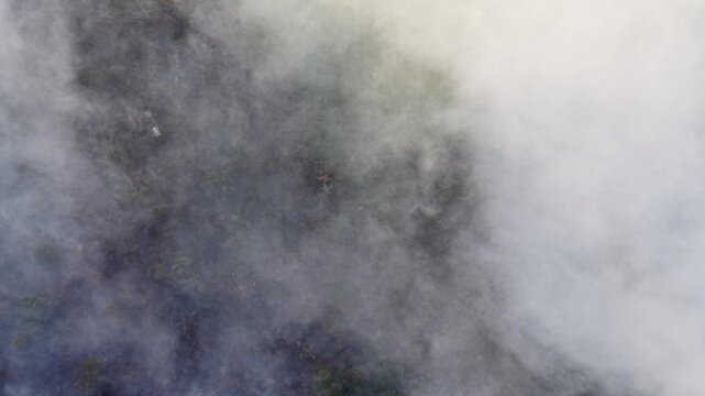 Mist rises gently over dark, shadowed terrain