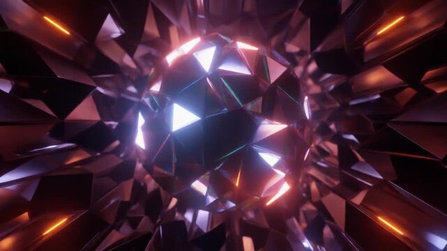Crystal sphere reflects vibrant neon patterns across its faceted glass surfaces. This geometric sphere loops smoothly. Watch a glowing crystal sphere turn in dark virtual space.