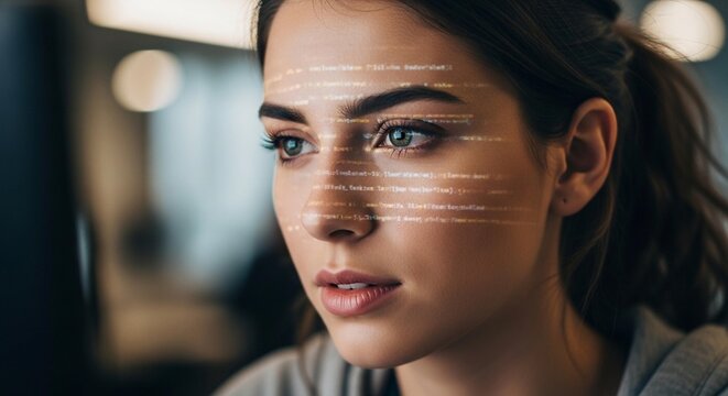 Computer code projected on young womans face in dark room