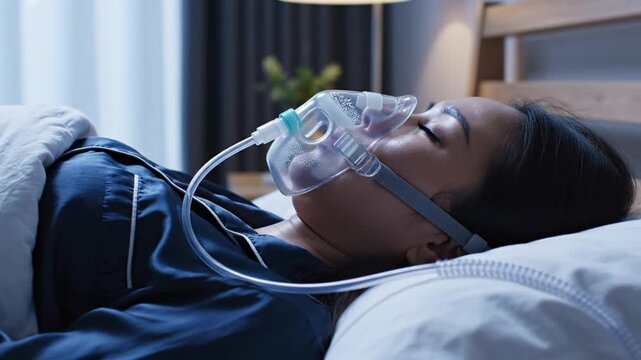 Young woman wearing CPAP mask for sleep apnea therapy in bedroom at night.