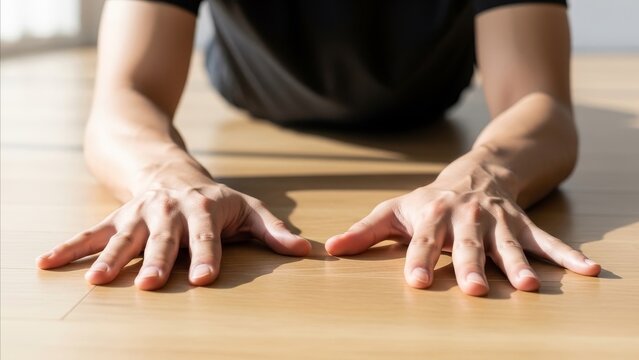 Fitness - Close Up of Person Doing Push Up Position with Hands Flat on Wooden Floor Indoors