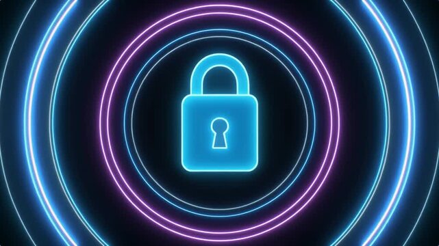 Neon lock icon pulses within glowing concentric security loops on a dark studio screen. This digital lock graphic represents absolute data safety. Secure files with a tech lock.