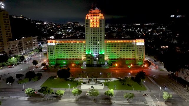 Duque De Caxias Square In Rio De Janeiro In Brazil. Illuminated City Landscape. Downtown District. Highrise Buildings. Duque De Caxias Square At Night In Rio De Janeiro In Brazil.