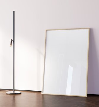 3D Render of Minimal SInterior with Blank Wooden Poster Frame and Modern Floor Lamp Mockup