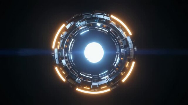Circular portal activates glowing orange energy rings inside a deep space station layout. This futuristic portal opens a wormhole gateway. Step through a cosmic portal loop.