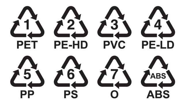 Recycle Arrow Icon with Polymer Material Labels 1 Pet, 2 Pe Hd, 3 Pvc, 4 Pe Ld, 5 Pp, 6 Ps, 7 O, 8 Abs
