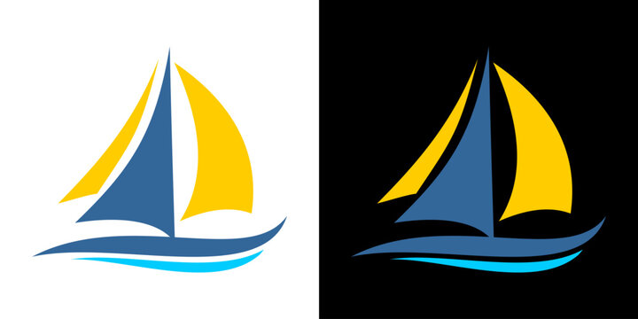 Minimalist sailboat logo template set on white and black backgrounds vector illustration