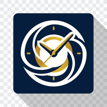 Modern analog clock icon with navy square background, white swirl frame, gold accents, and clean hands for time management, schedule, business, planner, app, and branding designs.