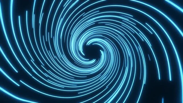 Swirling vortex tunnel draws deep blue energy waves into a dark abstract black cosmic void. This fluid vortex loop creates a hypnotic motion backdrop. Track a spinning vortex.