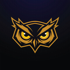 Obraz premium Bold owl mascot logo with sharp golden line art, fierce eyes, and dark background, ideal for esports branding, gaming teams, sports identity, apparel, stickers, and digital merchandise.