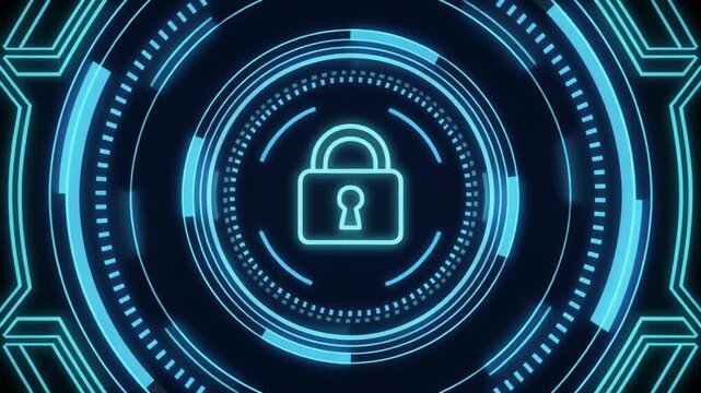 Hud interface displays an encrypted data padlock graphic for network infrastructure safety. This futuristic hud dashboard layout monitors firewalls. Load a secure tech hud.