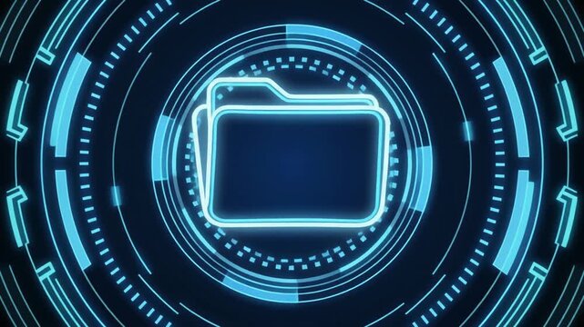 Folder icon glows brightly inside a dynamic circular hud telemetry data monitoring screen. This digital folder asset holds virtual information. Open an encrypted cloud folder.