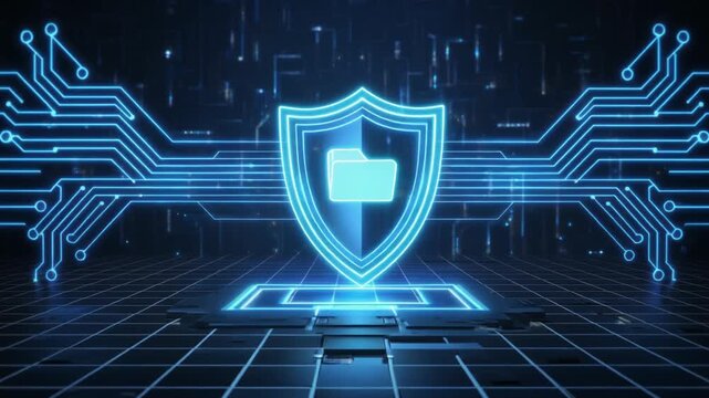 Shield graphic connects directly to a secure network data folder icon on a circuit board. This virtual shield layout prevents information theft. Deploy an armored file shield.