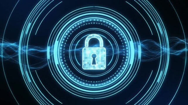 Hud interface reveals a secure data padlock icon pulsing amidst fluid information waves. This tech hud panel displays active server defense metrics. Loop an automated hud screen.