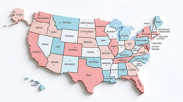 Colorful map of the united states with labeled states on white background