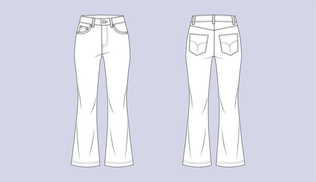 Jeans trousers vector illustration showing front and back view of classic denim pants flat design template