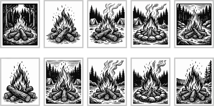 Vintage Linocut Campfire Vector Sticker Set with Black and White Woodcut Camp Fire Scenes for Outdoor Adventure and Wilderness Logo Designs
