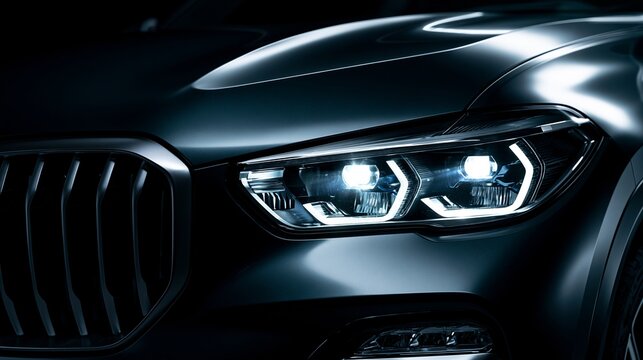 Sleek modern luxury suv headlight design featuring sharp metallic curves and bright glowing led lights in a dark studio setting