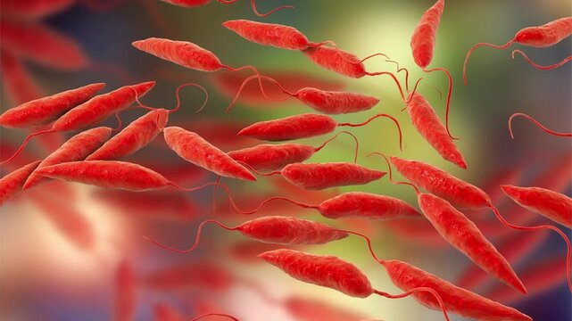 Leishmania promastigotes, 3D animation showing elongated flagellated protozoa in the promastigote stage, transmitted by sandflies and responsible for leishmaniasis in humans.