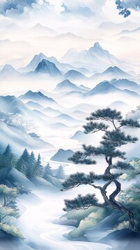 Misty snow mountain pine tree traditional Chinese ink landscape