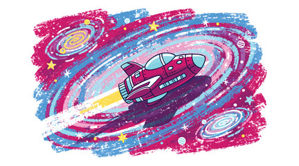 Cartoon Spaceship Traveling Through Vibrant Colorful Galaxy Space with Swirling Nebulas and Stars © Rubendi