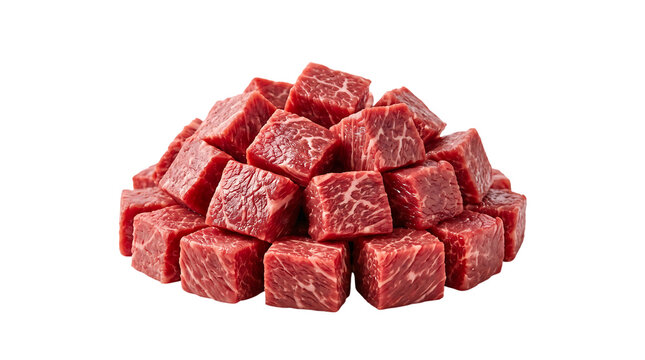 Pile of raw premium beef cubes with wagyu marbling isolated on transparent background